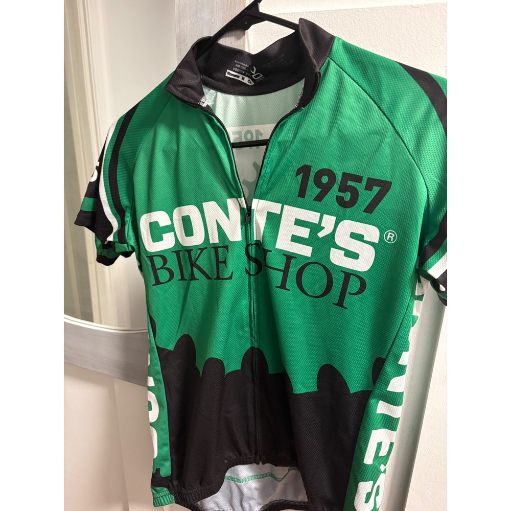 Vomax Womens Medium Conte's Bike Shop 57 Cycling Jersey Green Black Short Sleeve